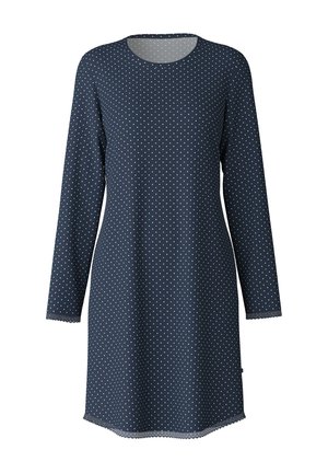 Marineblauwe jurk met lange mouwen, witte stippen, ronde halslijn en kantafwerking bij de mouwen en de zoom. Zachte stof, knie-lange ontwerp.