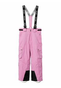Pantaloni da neve impermeabili rosa con bretelle nere regolabili, tasche laterali e dettagli neri all'orlo. Texture liscia e materiale durevole.
