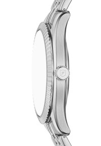 Montre en acier inoxydable argenté avec une finition lisse et polie, une lunette nervurée et un boîtier rond. Dotée d'une couronne proéminente avec un détail de logo.