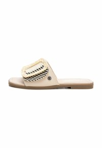 Infradito beige con un accento intrecciato a motivo nero e bianco e una parte superiore imbottita. Suola piatta con un dettaglio del logo circolare.