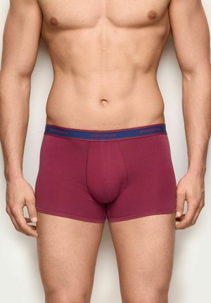 Männlicher Oberkörper, der eng anliegende kastanienbraune Boxershorts mit marineblauem Bund trägt, auf dem "Yamamay" steht, vor einfachem Hintergrund.
