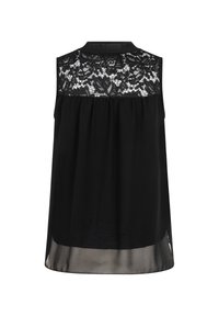 Blouse noire sans manches avec empiècement en dentelle florale transparente et corps en tissu uni, avec un ourlet légèrement transparent.