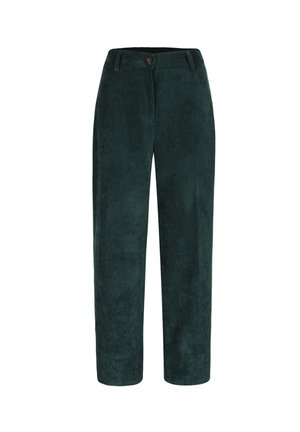 Pantaloni in corduroy verde con design a gamba dritta, dotati di chiusura con un solo bottone e texture a costine su tutta la superficie.
