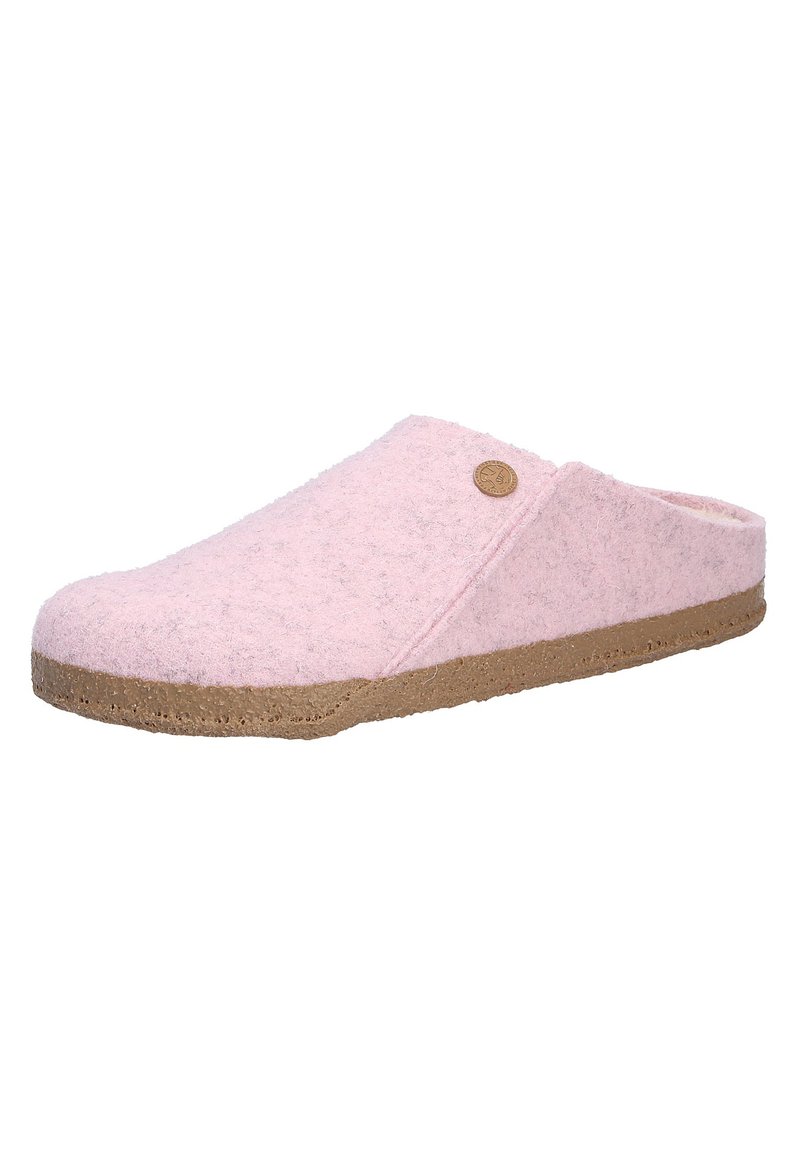 Weiche rosa Schlupfschuhe mit textilartiger Oberseite, brauner Sohle und kleinem runden Logo an der Seite, entworfen für den Innenkomfort.