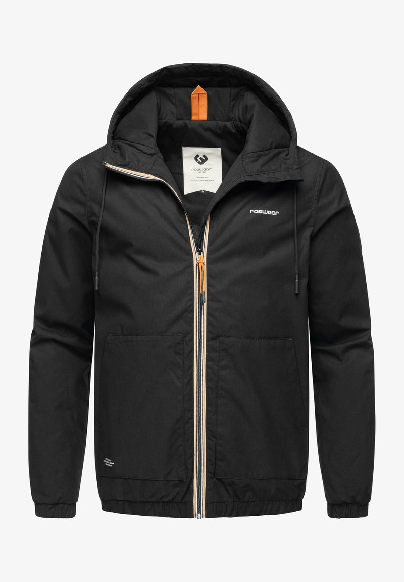 Black hooded jacket with a zip front, orange zipper accents, and two front pockets. Features a lined interior and adjustable hood.