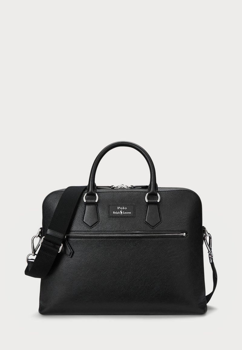 Black leather briefcase with a textured finish, dual top handles, adjustable shoulder strap, and a front zip pocket. Silver-tone hardware.