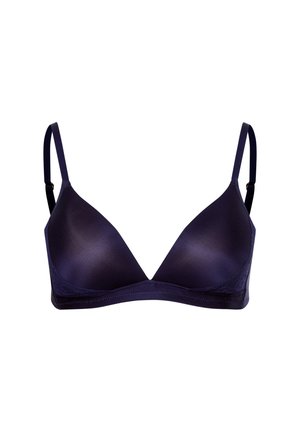 Navyblauer Triangel-BH aus glattem synthetischem Material, mit verstellbaren Trägern und einer Spitzenbordüre entlang der Kanten.