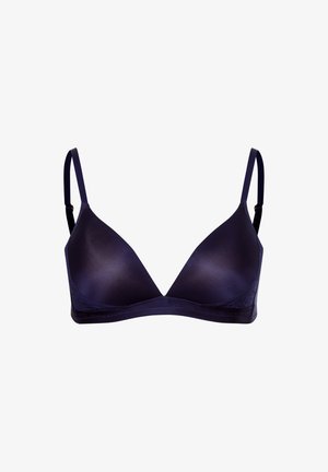 Soutien-gorge triangle bleu marine en matière synthétique lisse, avec des bretelles réglables et une bordure en dentelle le long des bords.