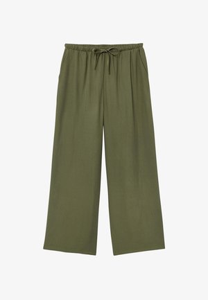 Pantalon large de couleur vert olive avec taille élastique et cordon de serrage, doté de poches latérales.