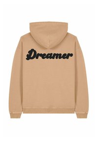 Felpa color beige con testo nero "Dreamer" sul retro. Presenta un cappuccio con cordino e polsini e orlo a coste. Materiale in morbido misto cotone.