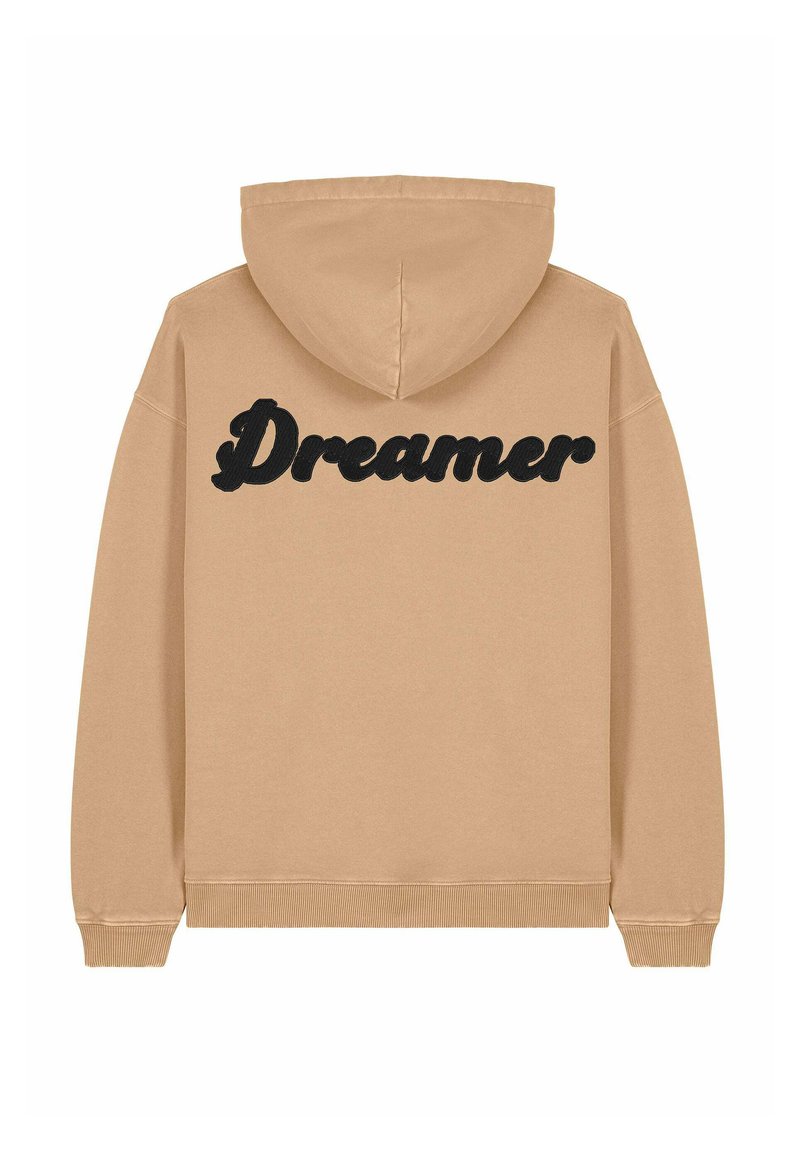 Felpa color beige con testo nero "Dreamer" sul retro. Presenta un cappuccio con cordino e polsini e orlo a coste. Materiale in morbido misto cotone.