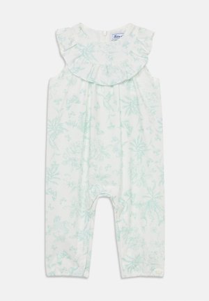 Lahko teksturirana bela romper s metino zeleno cvetlično potiskom, nabrano ovratnico, gumbom za zapiranje na hrbtu in elastičnimi manšetami.