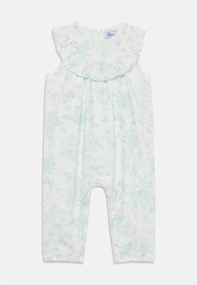 Lightly textured white romper with mint green floral print, ruffled collar, button closure at the back, and elasticated cuffs.
