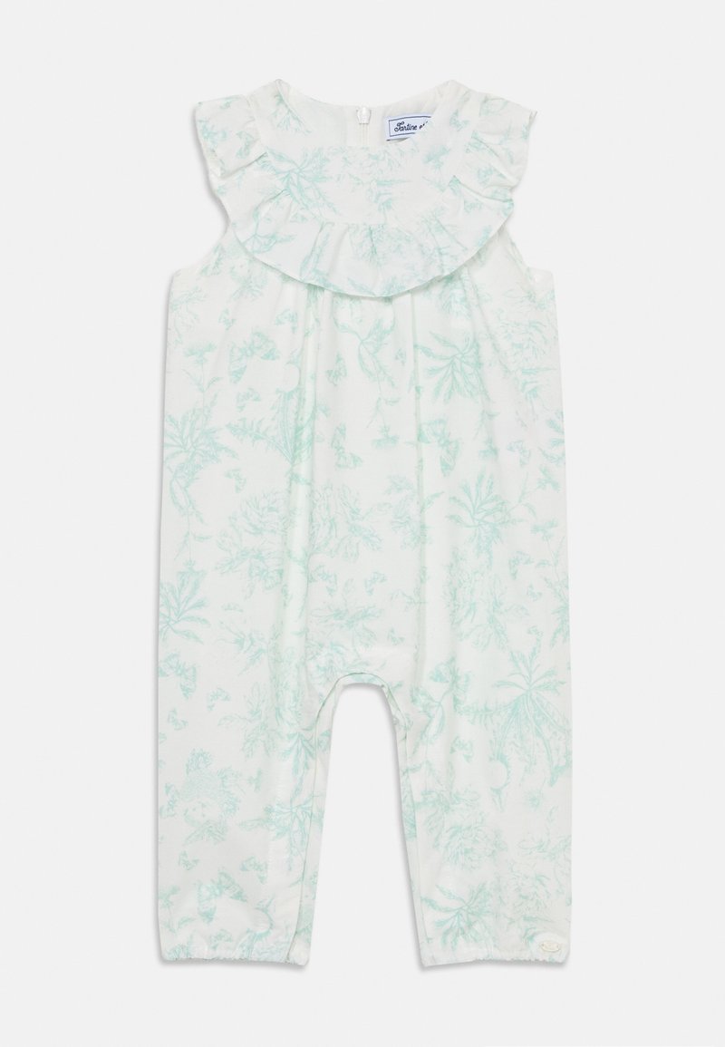 Lätt texturerad vit romper med mintgrön blommig tryck, volangkrage, knappstängning bak och elastiska ärmslut.