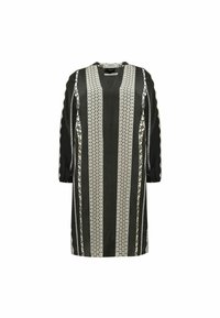 Musta mekko, jossa on pystysuuntaiset hopeiset kukka- ja geometriset kuviot, V-pääntie, pitkät hihat ja suora leikkaus. Sileä, satiinimainen pinta.