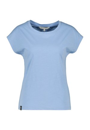 Lichtblauw dames T-shirt met korte mouwen, ronde hals en een klein zwart labeltje bij de zoom, op een witte achtergrond.