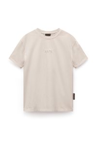 Beige katoenen T-shirt met korte mouwen, ronde hals, met een verhoogd "NAPA" logo op de voorkant en een labelaccent aan de zijkant.