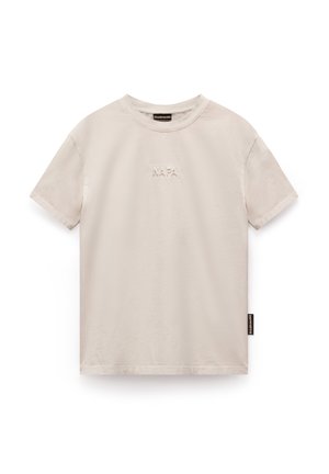Beige cotton T-shirt with short sleeves, round neck, featuring a raised "NAPA" logo on the front and a label accent on the side.