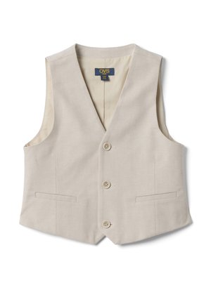 Beige formelle Kinderweste mit drei Knöpfen, zwei vorderen Paspeltaschen und einem markenprägten Innenetikett, aus strukturiertem Stoff gefertigt.