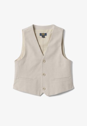 Gilet formel beige pour enfants avec trois boutons, deux poches passepoilées devant et une étiquette intérieure de marque, en tissu texturé.