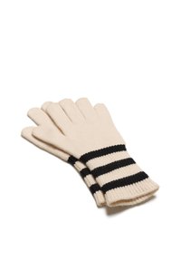 Mănuși tricotate de culoare crem cu dungi negre orizontale. Prezintă manșete ribbate și degete individuale pentru dexteritate. Textură moale.
