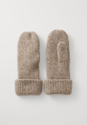 Mítines de color marrón tejidos con una textura acanalada, que cuentan con un puño doblado y una sección para el pulgar en el mitón derecho.