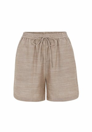Bézs könnyű rövidnadrág fehér függőleges csíkokkal, rugalmas derékrésszel és elöl megkötős húzózsinórral.