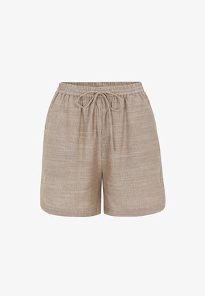 Bézs könnyű rövidnadrág fehér függőleges csíkokkal, rugalmas derékrésszel és elöl megkötős húzózsinórral.