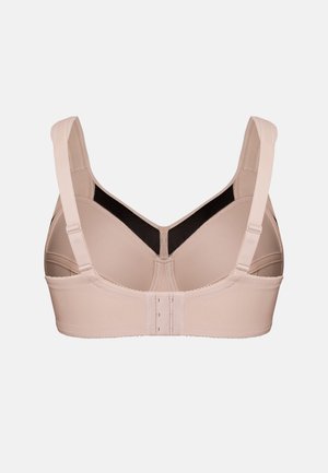 Beige bra with adjustable straps, back closure, smooth fabric, and black mesh panel for breathability. Simple, functional design.