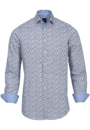 Camicia a motif floreale in tessuto azzurro chiaro, con piccoli fiori marroni e blu scuro. Maniche lunghe con polsini azzurri chiari e colletto classico.
