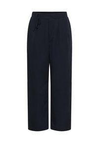 Mornarsko modre široke hlače z elastičnim pasom in vezalko, sprednjimi pregibi in sproščenim krojem.