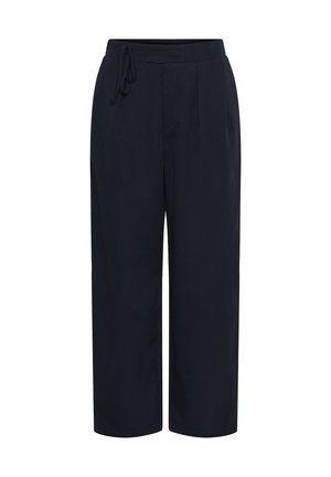 Marineblaue weit geschnittene Hose mit elastischem Bund und Kordelzug, mit Vorderfalten und einer lockeren Passform.