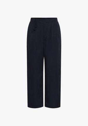 Tamsiai mėlynos plačios kelnės su elastingu juosmeniu ir virvute, priekinėmis klostėmis ir laisvu siluetu.