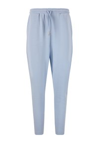 Hellblaue Jogginghosen aus weichem Stoff mit elastischem Bund und verstellbarem Zugband. Schmal zulaufendes Bein mit glatter Textur.