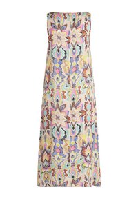 Robe maxi sans manches avec un motif floral abstrait multicolore sur un fond clair. Fait en tissu léger, elle présente une silhouette droite.