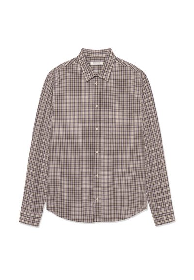 Chemise à manches longues à boutons, motif à carreaux violet, beige et bleu, col pointu, posée à plat sur fond blanc.