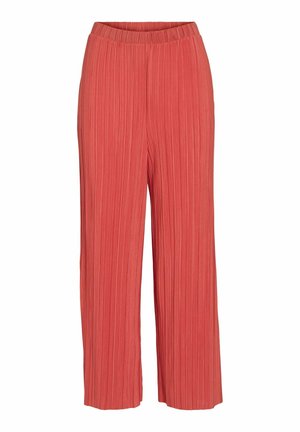 Krokaini, platleņķu bikses korallkrāsā. Izgatavotas no viegla auduma, ar ērtu elastīgu jostasvietu un maigu tekstūru.