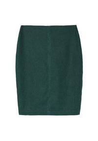 Gonna a matita verde in lino con un design elegante. Presenta una chiusura con zip sul retro e una cucitura centrale lungo la parte posteriore per un aspetto sartoriale.