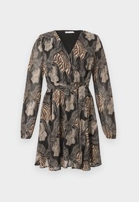 Långärmad omslagsklänning med en blandning av svarta, bruna och gyllene mönster. Lättviktsmaterial med insydd midja och utsvängd kjol.