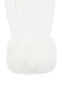 Weißes Strickgewebe mit einem flauschigen weißen Bommel-Akzent am Bündchen. Weiche Textur, abgerundete Form und glattes Finish.