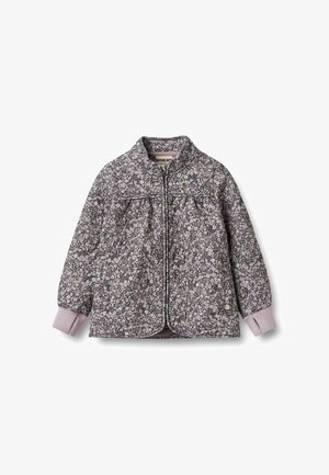 Blumige Jacke mit Reißverschluss und lila Akzenten. Besteht aus leichtem, strukturiertem Stoff, gerippten Bündchen und einem gerafften Detail unter dem Kragen.