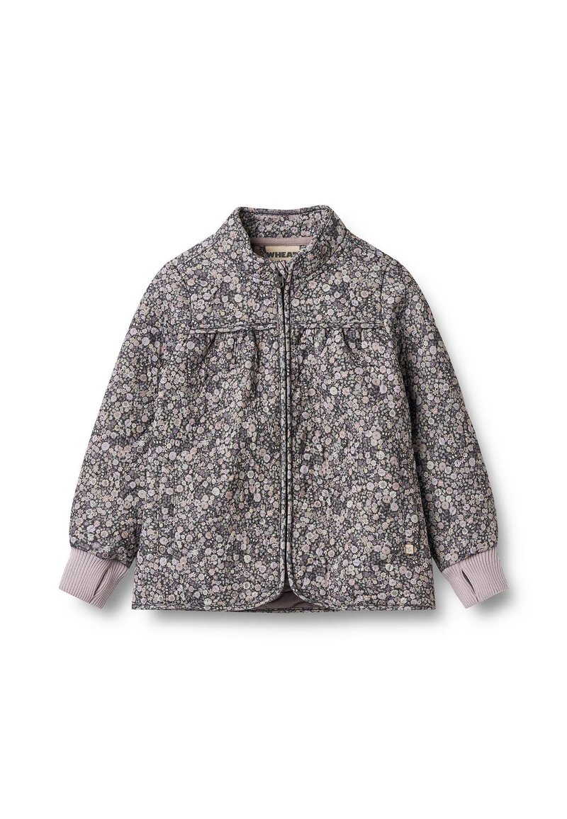 Cvetna jakna z zadrgo in vijoličnimi poudarki. Iz lahkega, teksturiranega blaga, z rebrastimi manšetami in nabranim detajlom pod ovratnikom.