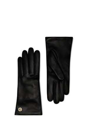 Gants en cuir noir, texture lisse, design ajusté, cinq doigts, couture discrète, petit logo doré près du poignet.