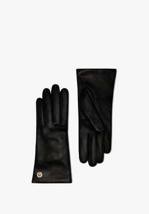 Zwarte leren handschoenen, gladde textuur, aansluitend design, vijf vingers, subtiele stiksels, klein gouden logoaccent bij de pols.