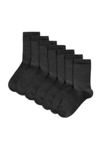Ocho pares de calcetines gris oscuro, de longitud media hasta la pantorrilla, hechos de un material suave y texturizado con un diseño simple de color sólido.