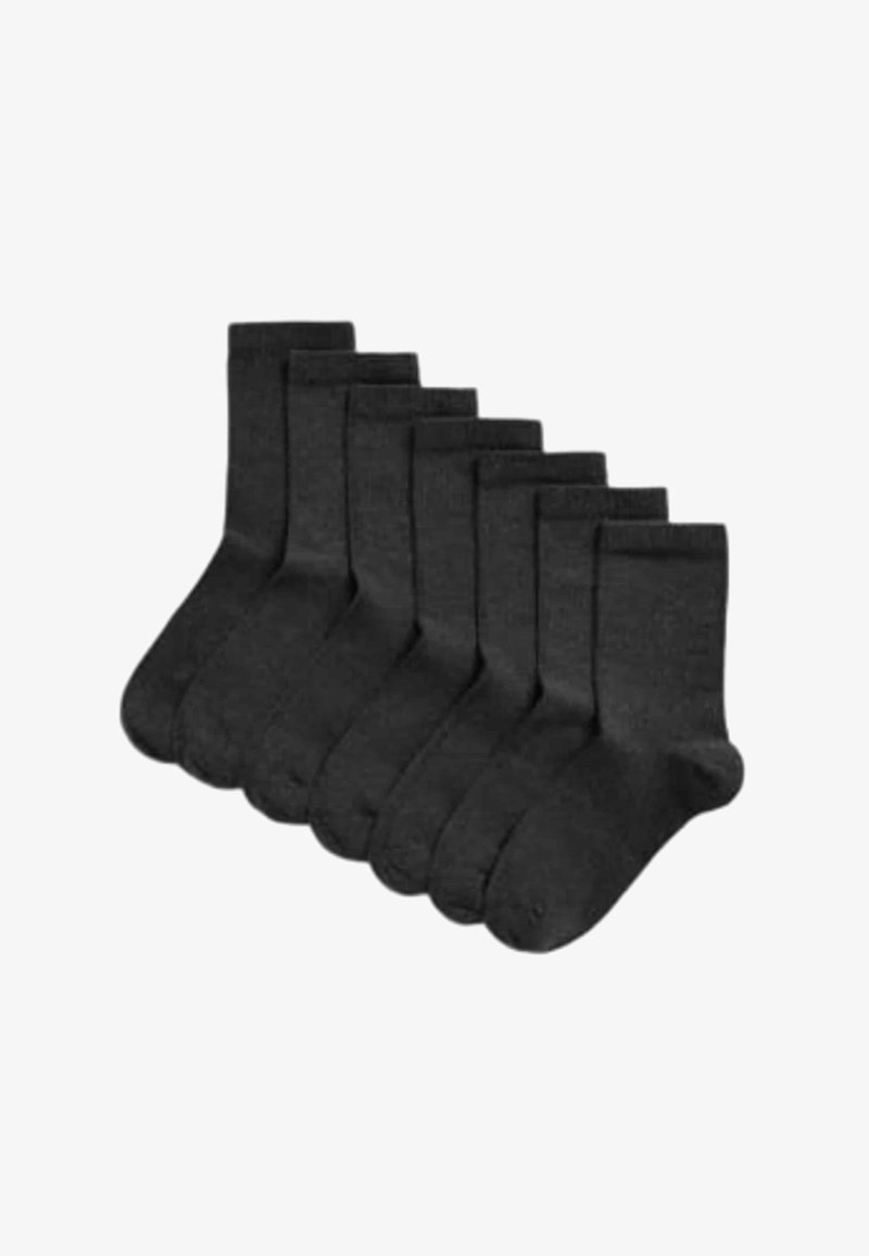 Ocho pares de calcetines gris oscuro, de longitud media hasta la pantorrilla, hechos de un material suave y texturizado con un diseño simple de color sólido.