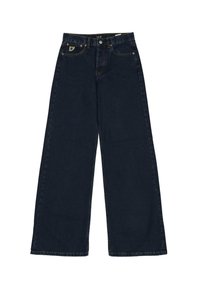 Tummansinisiin leveälahkeisiin farkkuihin, joissa on korkea vyötärö, etutaskut ja hillitty logoplässi takana.