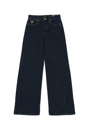 Jean large bleu foncé en denim, avec une taille haute, des poches avant et un discret patch logo à l'arrière.