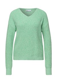 Pull en maille vert menthe avec col en V et manches longues, poignets et ourlet côtelés, présenté sur fond blanc.