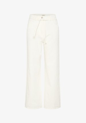 Bela široka hlače iz teksturirane tkanine, z elastiko v pasu, sprednjimi žepi in gumbom za zapiranje.